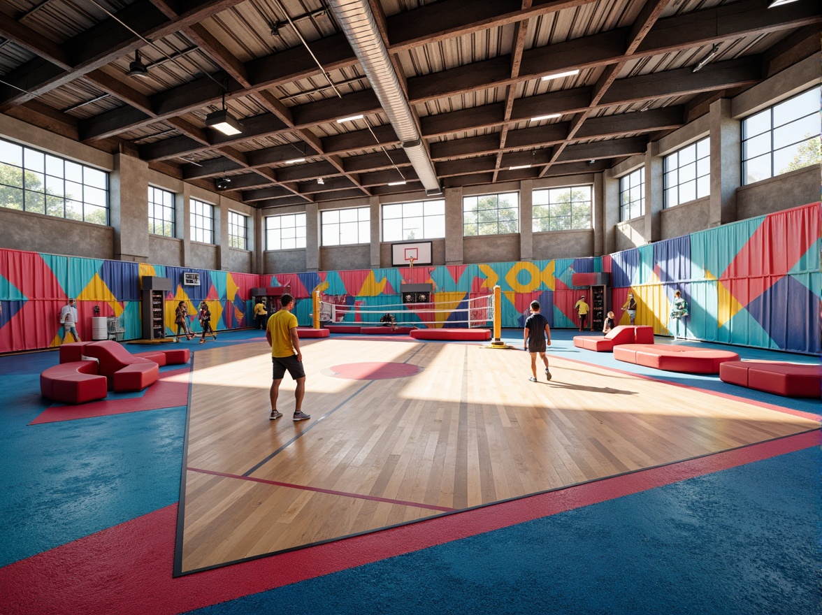 Prompt: Vibrant gymnasium interior, colorful sports equipment, textured flooring, athletic tracks, basketball courts, volleyball nets, climbing walls, bleacher seats, natural light pouring in, modern architecture, large windows, metal beams, exposed ductwork, dynamic lighting, shallow depth of field, 3/4 composition, realistic textures, ambient occlusion, woven fabric panels, acoustic insulation, sound-absorbing materials, durable upholstery, water-resistant coatings, anti-microbial treatments, athletic-inspired patterns, bold color blocking.