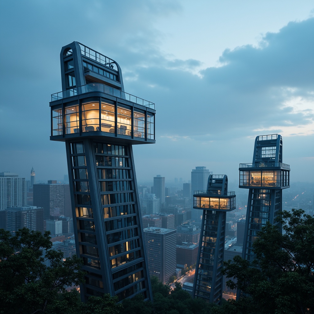 Prompt: Futuristic watching towers, sleek metal framework, minimalist design, angular lines, cantilevered structures, glass floors, panoramic views, 3/4 composition, low-angle shot, dramatic lighting, atmospheric mist, industrial textures, metallic surfaces, modernist architecture, geometric patterns, abstract shapes, urban landscape, cityscape background, blue-hour lighting, cinematic mood, high-rise buildings, metropolitan atmosphere.