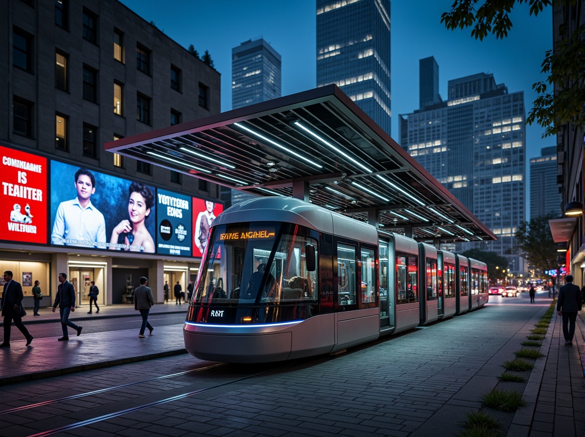 Prompt: Futuristic tram station, sleek metallic fa\u00e7ade, angular lines, dynamic LED lights, cantilevered rooflines, minimalist design, large glass windows, sliding doors, modern urban landscape, busy streets, city skyline, vibrant neon signs, nighttime atmosphere, soft box lighting, shallow depth of field, 3/4 composition, realistic textures, ambient occlusion.