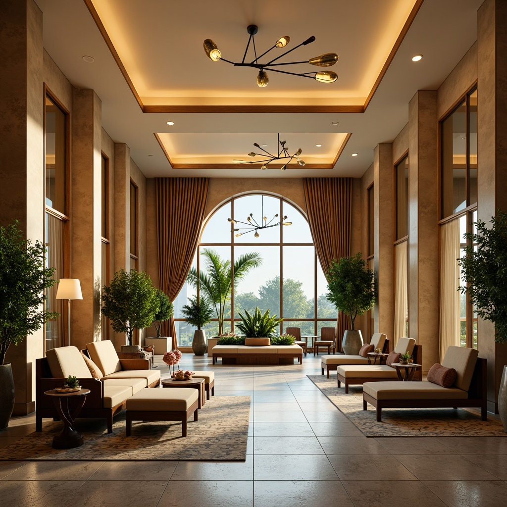 Prompt: Luxurious hotel lobby, warm beige walls, rich wood accents, plush carpeting, elegant chandeliers, sophisticated furniture, calming water features, vibrant tropical plants, natural stone flooring, metallic decorative elements, soft golden lighting, 1/1 composition, realistic reflections, ambient occlusion; earthy tones, soothing pastels, creamy whites, deep blues, emerald greens, warm neutrals, bold accent colors.