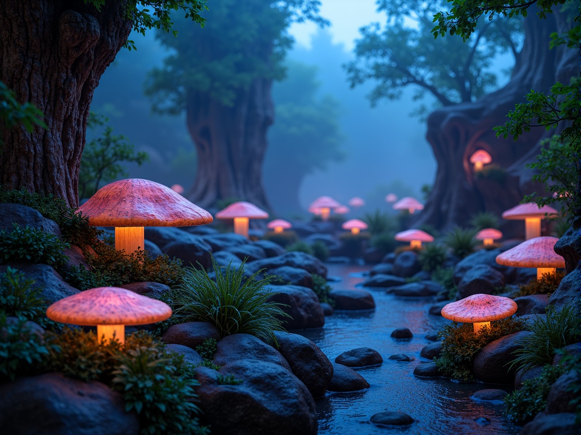 Prompt: Bioluminescent forest, glowing mushrooms, iridescent plants, undulating terrain, sinuous curves, amorphous shapes, translucent membranes, gelatinous structures, soft focus lighting, misty atmosphere, natural textures, organic patterns, fluid dynamics, futuristic architecture, curvaceous lines, biomimetic design, sustainable materials, eco-friendly systems, ambient soundscape, 1/2 composition, shallow depth of field, panoramic view.