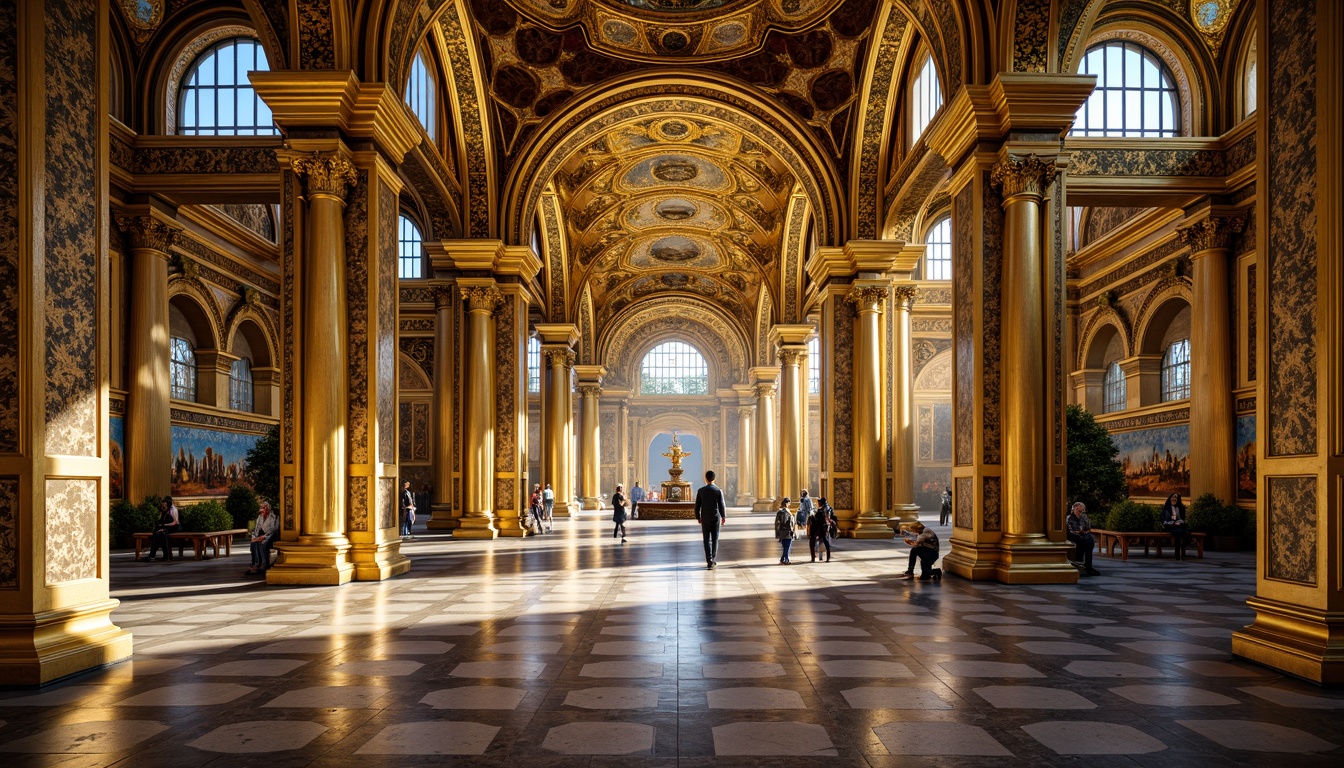 Prompt: Golden Orthodox church, intricately patterned mosaics, shimmering gold tiles, vivid blue hues, ornate iconography, elaborate arches, domed ceilings, marble floors, ornamental columns, luxurious textiles, rich jewel tones, warm ambient lighting, soft focus, 3/4 composition, detailed textures, realistic reflections.