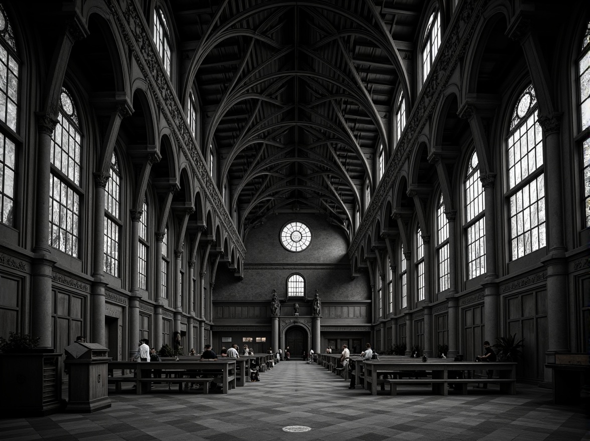 Prompt: Majestic courthouse, pointed Gothic arches, ribbed vaulted ceilings, grandiose stone carvings, intricate tracery patterns, stained glass windows, ornate metalwork, dramatic verticality, somber mood, mysterious atmosphere, high-contrast lighting, deep shadows, 1/1 composition, symmetrical framing, realistic textures, ambient occlusion.