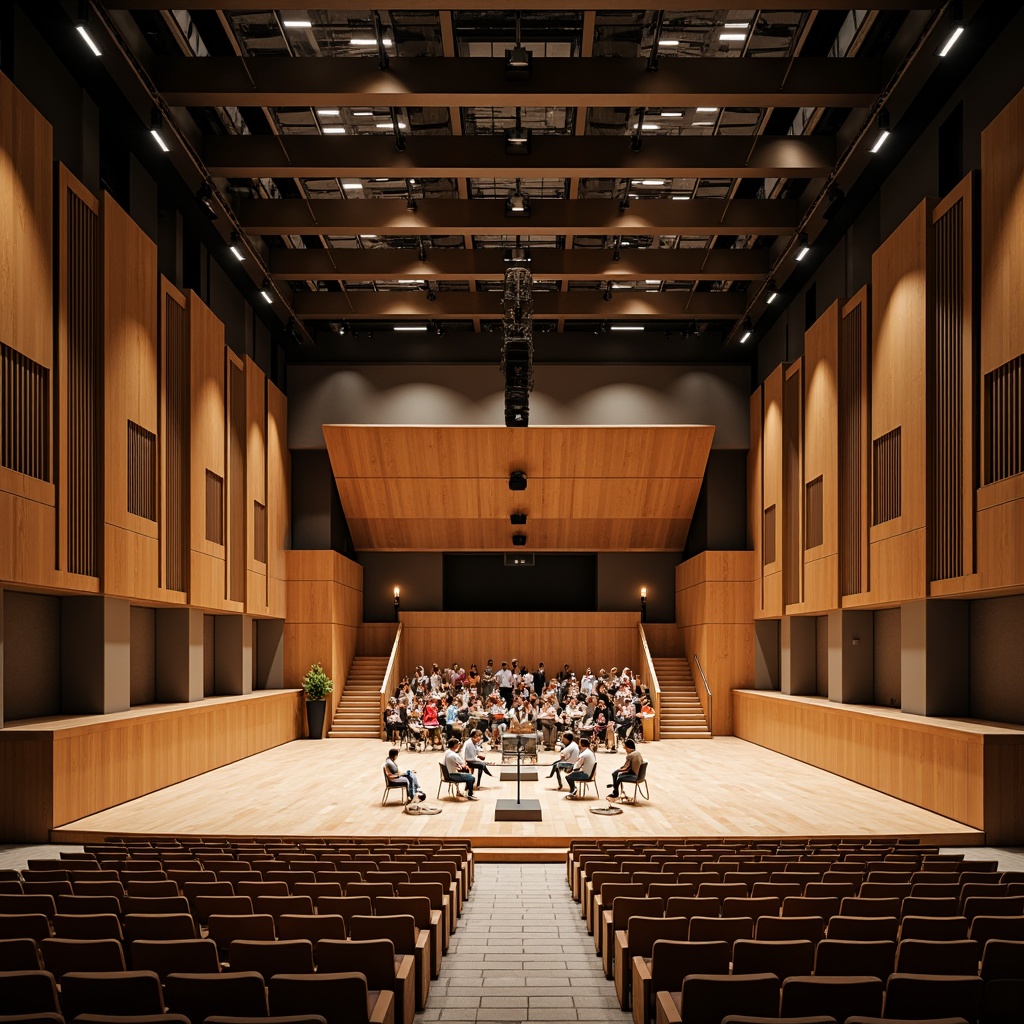 Prompt: Modern concert hall, sleek interior design, high ceilings, sound-absorbing materials, wooden acoustic panels, suspended lighting fixtures, tiered seating, comfortable cushioning, ample legroom, subtle color scheme, natural ventilation systems, automated airflow control, ceiling-mounted air outlets, wall-mounted return air inlets, silent operation, optimized air circulation, healthy indoor environment, audience comfort, unobstructed views, wide sightlines, 3/4 composition, realistic textures, ambient occlusion.