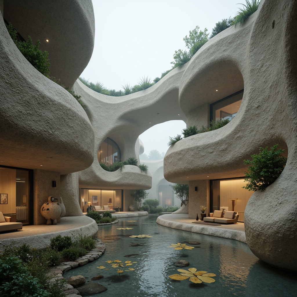 Prompt: Ethereal memorial center, curvaceous blob-like structures, undulating walls, irregular shapes, natural stone cladding, earthy tones, lush green roofs, cascading water features, serene ambiance, soft diffused lighting, misty atmosphere, abstract sculptures, organic patterns, fluid lines, biomimetic design, futuristic materials, iridescent glass, shimmering effects, dreamy quality, surrealism-inspired art pieces, peaceful environment, contemplative spaces, memorial gardens, meandering pathways, subtle color palette.