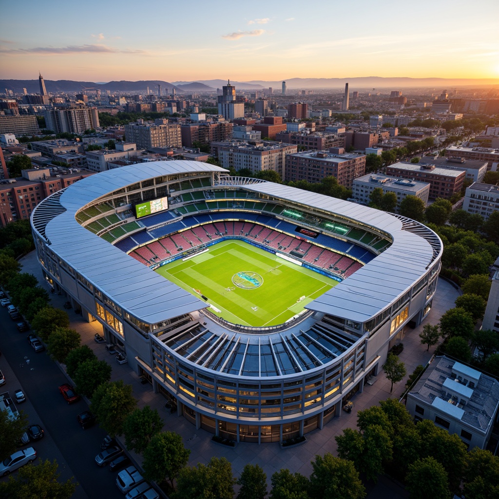 Prompt: Futuristic football stadium, dynamic curves, angular lines, cantilevered roofs, steel structures, vibrant LED lighting, green roofs, urban landscape, bustling cityscape, evening atmosphere, warm golden hour, shallow depth of field, 2/3 composition, panoramic view, realistic textures, ambient occlusion.