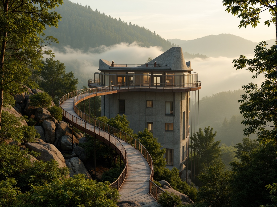 Prompt: Panoramic viewing tower, winding stone staircase, lush green forest surroundings, misty mountain air, rustic wooden accents, natural rock formations, cantilevered observation decks, steel cable railings, glass floor panels, 360-degree vistas, serene morning fog, warm golden lighting, shallow depth of field, 2/3 composition, atmospheric perspective, realistic foliage textures, ambient occlusion.