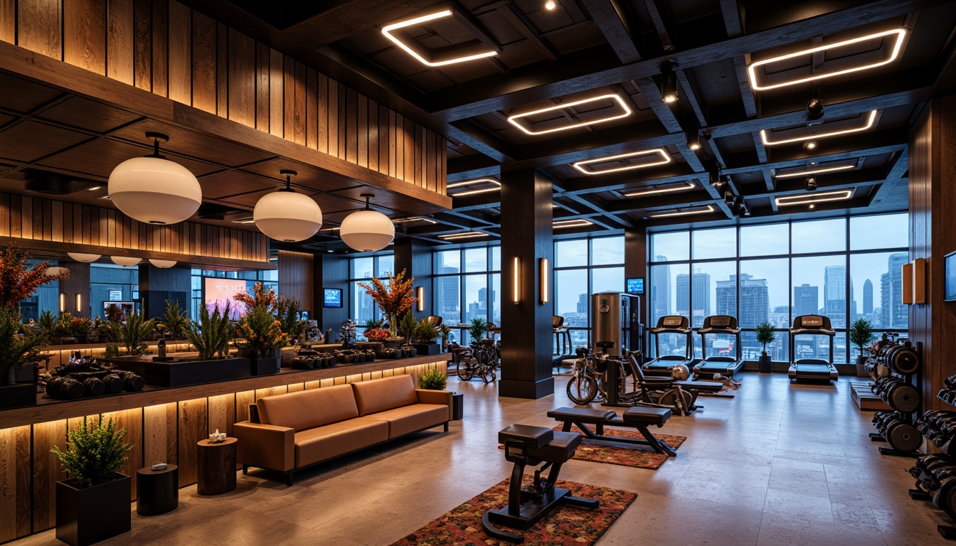 Prompt: Luxurious fitness club, polished chrome equipment, matte black weights, sleek glass partitions, rough-hewn wooden accents, smooth leather upholstery, industrial metal beams, vibrant neon lighting, atmospheric misting system, panoramic city views, modern minimalist decor, high-contrast color scheme, bold geometric patterns, dynamic angular lines, warm natural stone floors, cold stainless steel fixtures, soft ambient lighting, shallow depth of field, 1/1 composition, realistic textures.