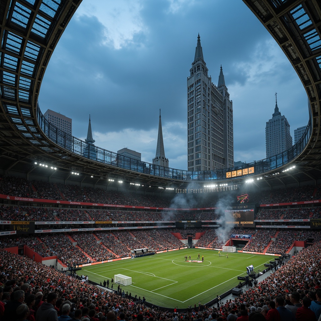 Prompt: Grandiose soccer stadium, ornate Gothic facades, pointed arches, ribbed vaults, flying buttresses, stained glass windows, intricate stone carvings, majestic clock towers, grand entrance gates, ornamental balconies, lavish VIP suites, tiered seating areas, vibrant team colors, dramatic spotlights, atmospheric fog effects, high-angle shot, cinematic composition, richly textured details, ambient occlusion.