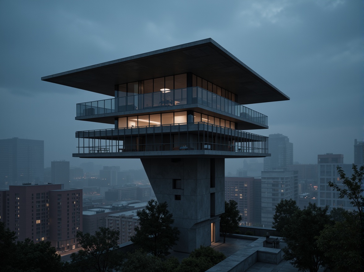 Prompt: Sleek watchtower, modernist architecture, reinforced concrete structures, cantilevered roofs, angular lines, geometric shapes, industrial materials, metal beams, minimalist design, functional simplicity, urban landscape, cityscape views, dramatic nighttime lighting, high-contrast shadows, cinematic atmosphere, low-angle shots, symmetrical composition, bold graphic patterns, monochromatic color scheme, atmospheric mist.