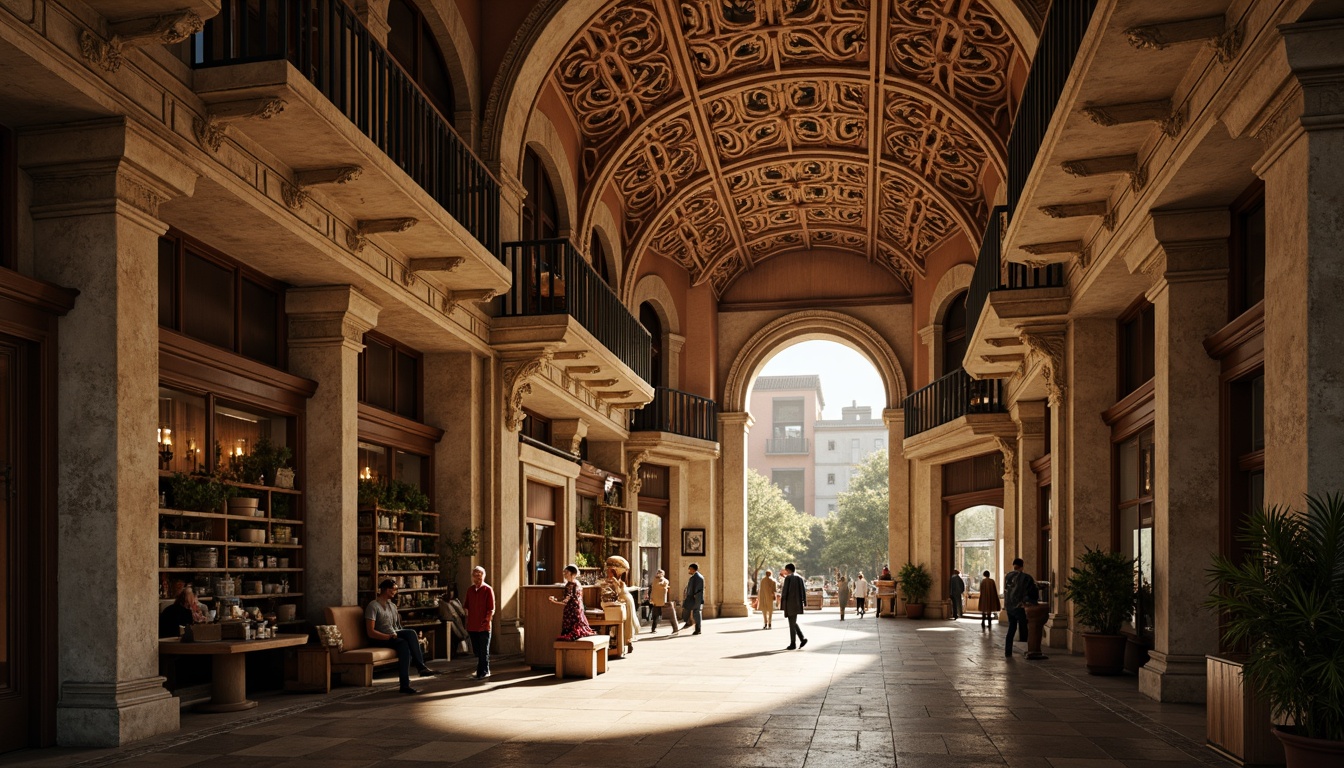 Prompt: Renaissance-style market hall, ornate stone carvings, grand archways, vaulted ceilings, intricate moldings, decorative columns, rusticated quoins, ornamental balconies, wooden shutters, terra cotta roof tiles, warm golden lighting, soft natural textures, shallow depth of field, 1/1 composition, detailed close-up shots, realistic ambient occlusion, subtle color grading.