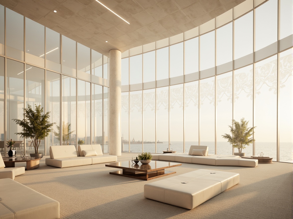 Prompt: Ethereal interior, translucent glass walls, soft diffused lighting, delicate lace-like patterns, elegant minimalist furniture, polished chrome accents, sleek low-profile designs, luxurious cream-colored carpets, subtle gradient effects, gentle warm ambiance, 1/1 composition, shallow depth of field, realistic material textures, ambient occlusion, modern architectural styles, futuristic aesthetic, innovative LED lighting systems.