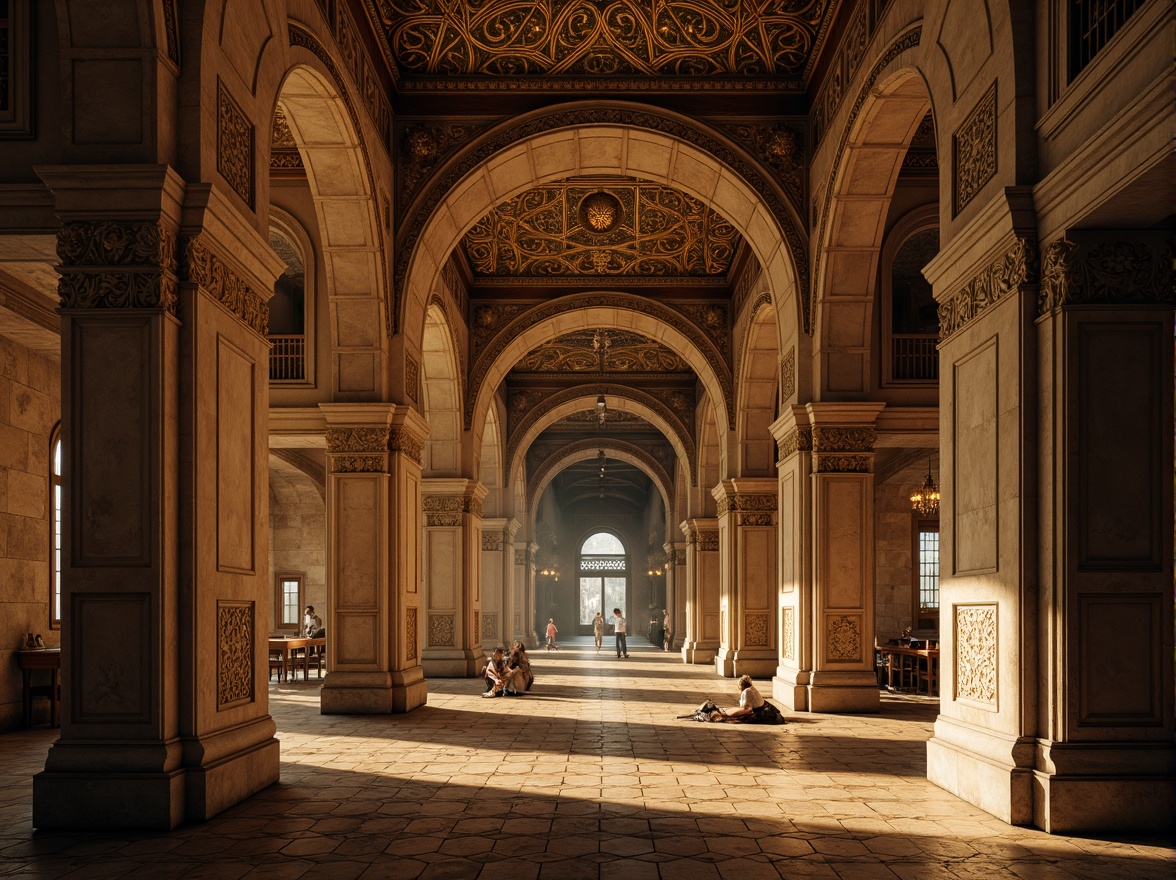 Prompt: Ancient Byzantine arches, ornate stone carvings, golden mosaics, grand domed structures, intricately patterned floors, richly textured walls, mystical ambiance, soft warm lighting, dramatic shadows, 3/4 composition, low-angle shot, atmospheric perspective, realistic textures, ambient occlusion.