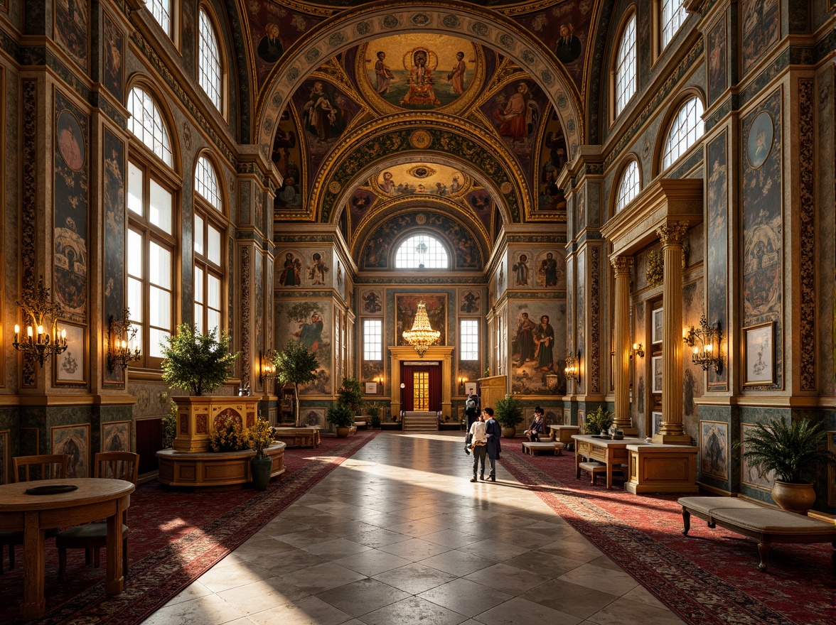 Prompt: Intricate Byzantine mosaics, gold accents, ornate details, rich jewel tones, luxurious marble floors, ornamental columns, arches, vaulted ceilings, majestic domes, opulent furnishings, lavish textiles, intricate patterns, sacred Christian icons, subtle lighting, warm golden glow, shallow depth of field, 3/4 composition, realistic textures, ambient occlusion.