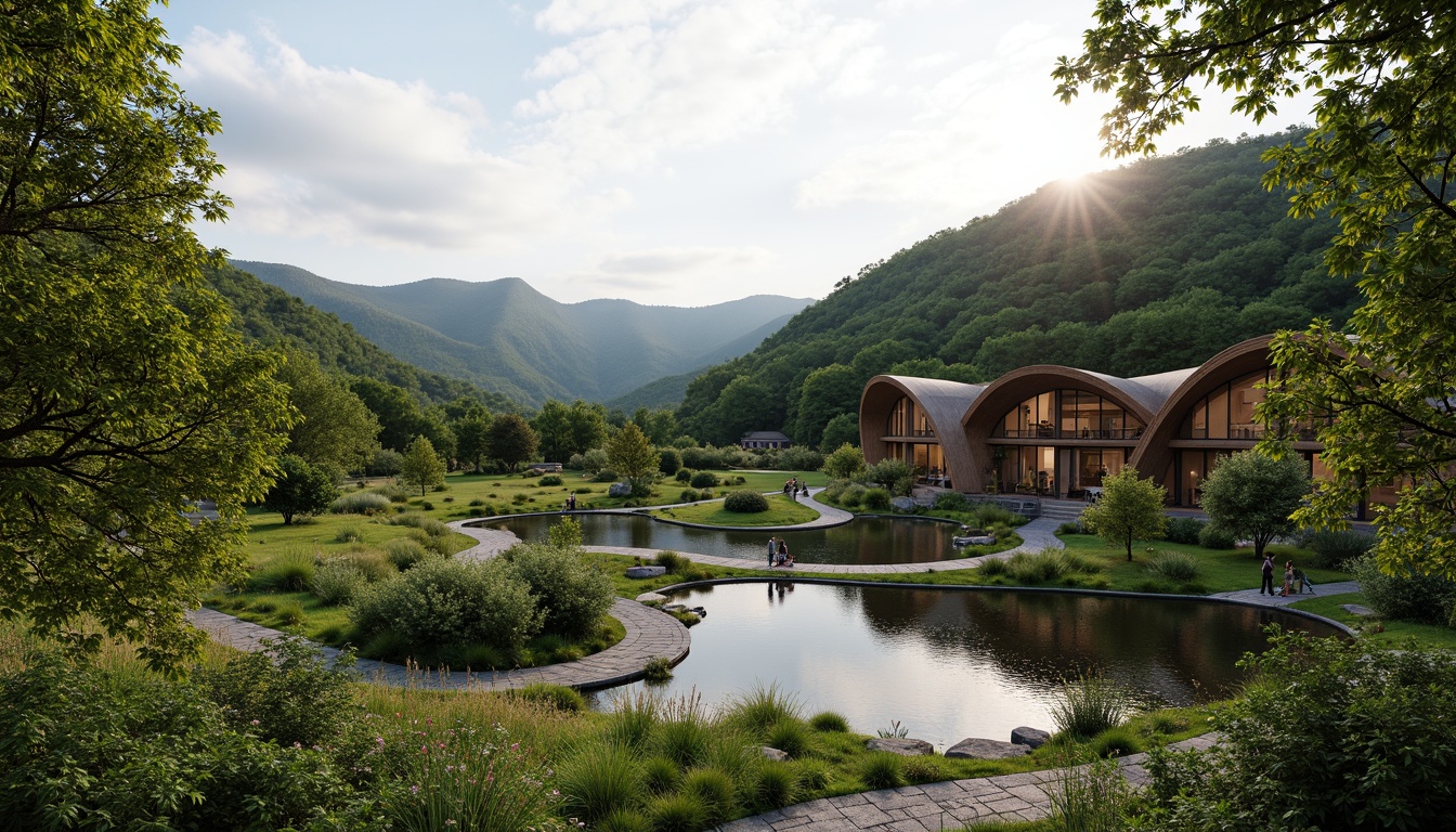 Prompt: Seamless landscape integration, serene natural surroundings, rolling hills, lush green forests, sparkling water features, organic architecture, curved lines, earthy tones, wooden accents, stone pathways, vibrant wildflowers, subtle lighting, warm color palette, 1/1 composition, atmospheric perspective, realistic foliage, ambient occlusion.