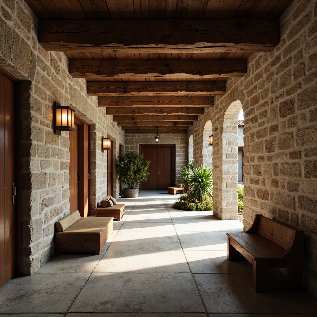 Prompt: Simple monastery courtyard, serene atmosphere, stone walls, wooden doors, rustic benches, lanterns, subtle lighting, natural materials, earthy tones, minimal ornamentation, clean lines, sparse decoration, quiet reflection, peaceful ambiance, soft warm glow, shallow depth of field, 1/1 composition, realistic textures, ambient occlusion.