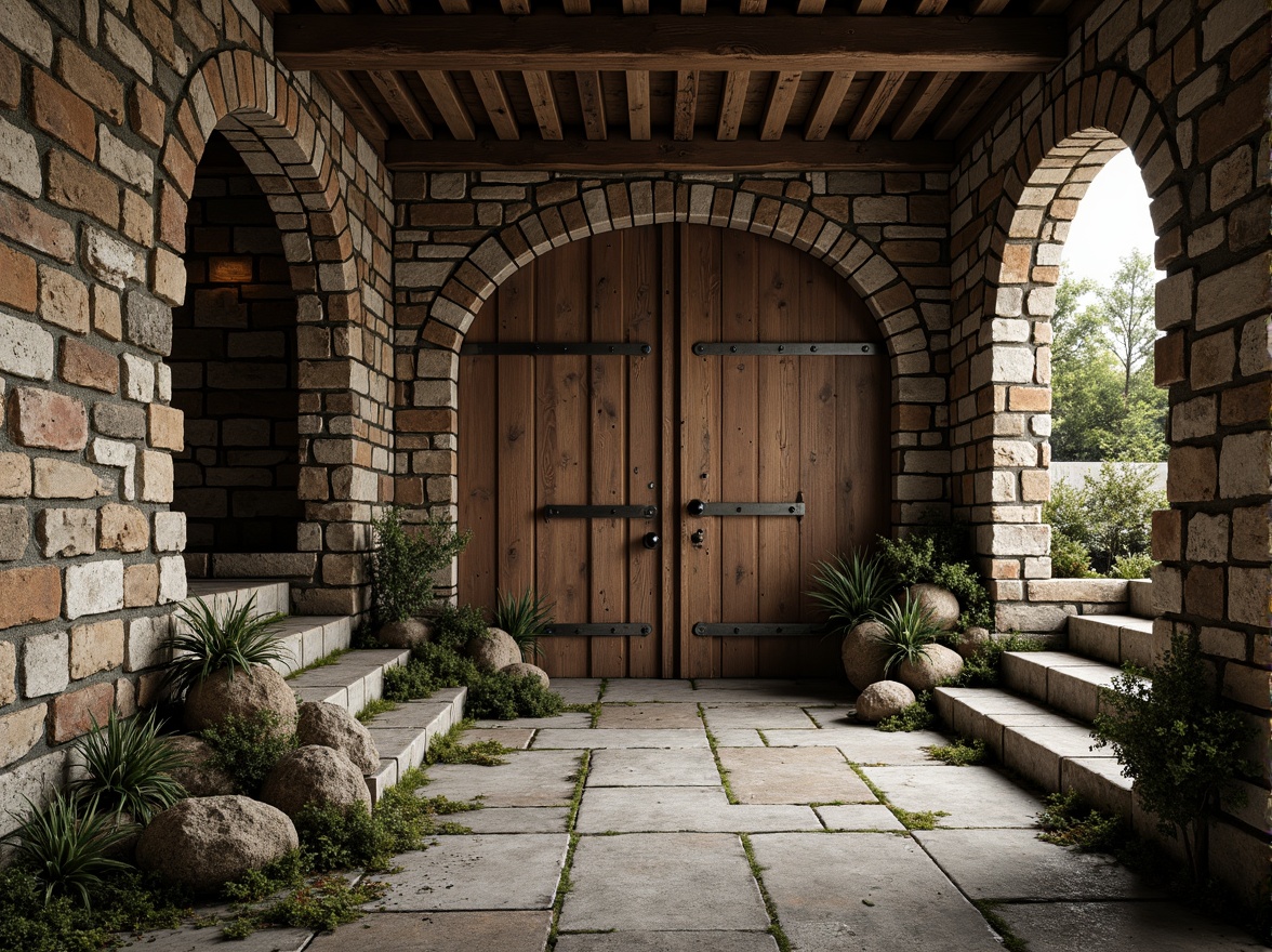 Prompt: Rugged stone walls, weathered wooden planks, distressed metal accents, rough-hewn concrete floors, tactile brick facades, organic natural forms, earthy color palette, moss-covered stones, lichen-dappled surfaces, intricate stonework patterns, ambient occlusion, realistic material textures, cinematic lighting effects, shallow depth of field, atmospheric perspective, 3/4 composition.