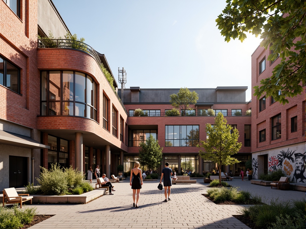 Prompt: Rustic community center, Bauhaus-style buildings, red brick facade, large windows, minimalist ornamentation, clean lines, functional design, urban surroundings, vibrant street art, morning sunlight, soft warm lighting, shallow depth of field, 1/1 composition, realistic textures, ambient occlusion, communal outdoor spaces, public seating areas, green roofs, solar panels, innovative ventilation systems.