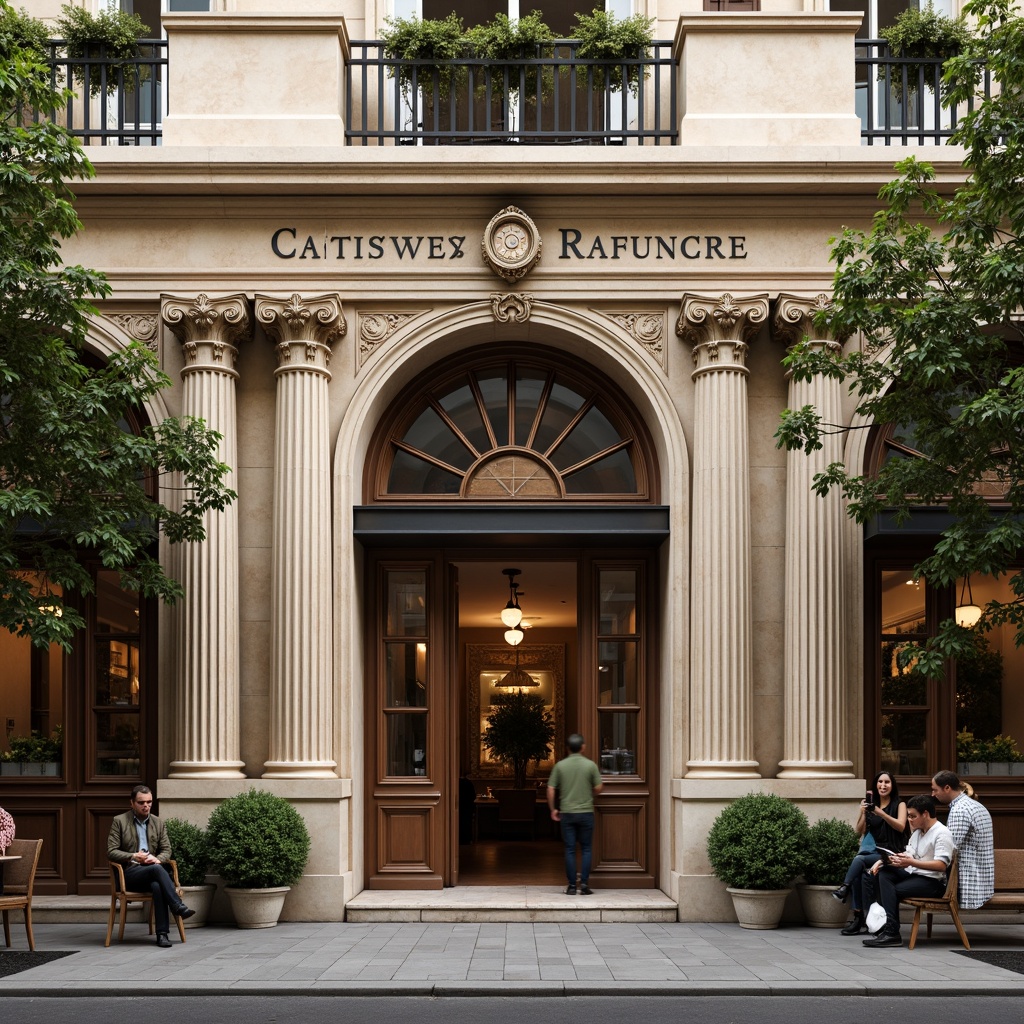 Prompt: Ornate restaurant facade, neoclassical columns, grand arches, decorative pilasters, intricate carvings, ornamental moldings, symmetrical composition, beige stone walls, bronze doors, large windows, elegant signage, lush greenery, potted plants, outdoor seating area, soft warm lighting, shallow depth of field, 1/2 composition, realistic textures, ambient occlusion.