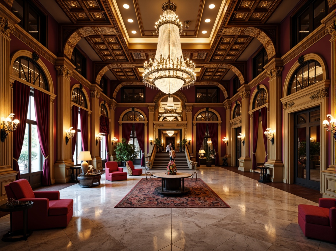 Prompt: Ornate fitness club interior, grandiose chandeliers, intricately carved wooden panels, gilded mirrors, velvet drapes, marble floors, ornamental columns, sweeping staircases, dramatic archways, richly upholstered furniture, lavish textiles, gold accents, crystal sconces, high-contrast lighting, warm color palette, 3/4 composition, symmetrical framing, realistic reflections, detailed normal maps.