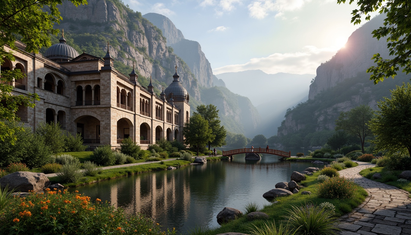 Prompt: Mountainous Byzantine-style monastery complex, grand stone architecture, intricately carved facades, ornate domes, rustic wooden bridges, serene mountain lake, lush greenery, vibrant wildflowers, meandering stone pathways, weathered boulders, misty atmospheric lighting, soft warm sunlight, shallow depth of field, 3/4 composition, panoramic view, realistic textures, ambient occlusion.