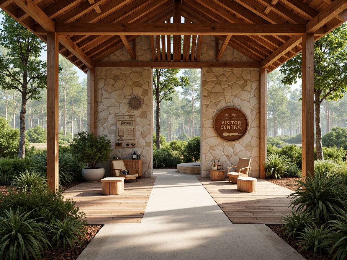 Prompt: Earthy visitor center, natural stone walls, wooden accents, greenery surroundings, rustic signage, warm beige tones, calming blue hues, earthy red shades, organic textures, wooden furniture, nature-inspired patterns, abundant daylight, soft diffused lighting, shallow depth of field, 2/3 composition, panoramic view, realistic renderings, ambient occlusion.