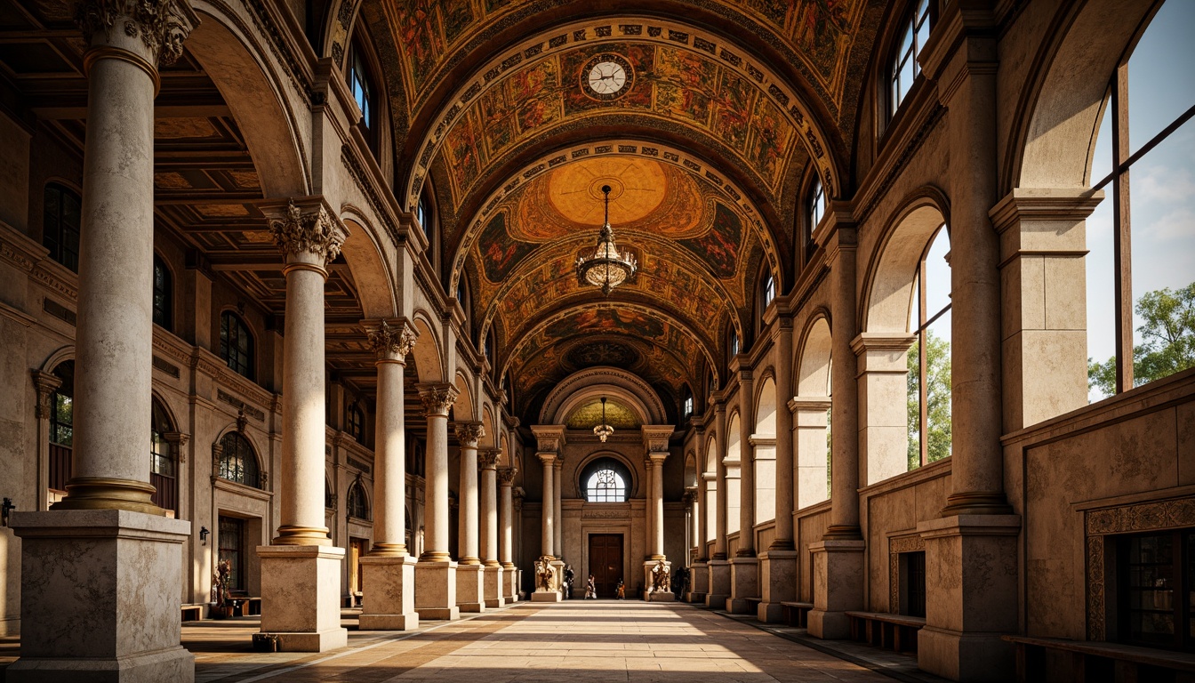 Prompt: Intricate arches, ornate carvings, golden mosaics, grandiose domes, rustic stone walls, ancient Greek influences, majestic vaulted ceilings, vibrant frescoes, richly patterned textiles, ornamental capitals, dramatic lighting effects, high-contrast shadows, warm earthy tones, atmospheric perspective, 1/2 composition, low-angle shot, realistic material rendering.