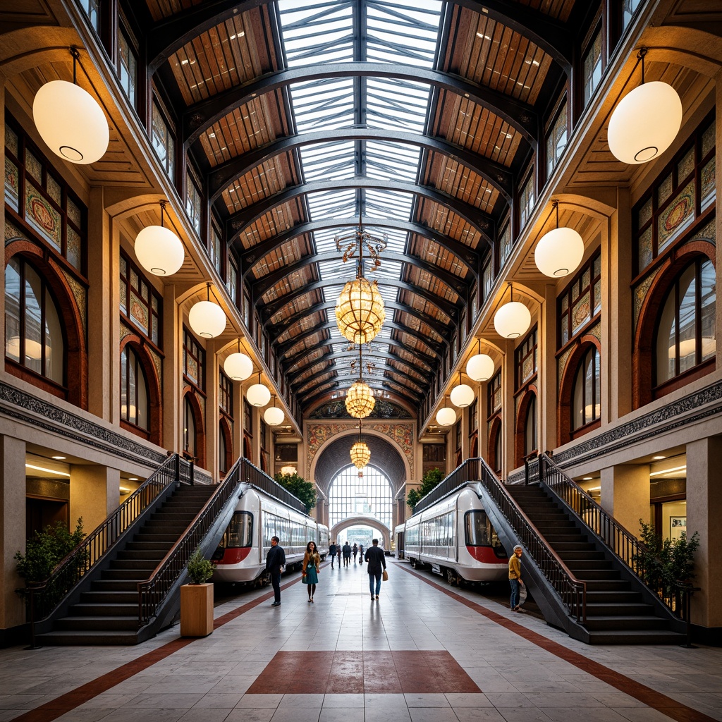 Prompt: Luxurious train station, Art Deco fa\u00e7ade, ornate metalwork, geometric patterns, vibrant colors, lavish chandeliers, grand staircases, intricate mosaics, marble floors, ornamental railings, futuristic trains, sleek lines, metallic sheen, bright natural light, shallow depth of field, 3/4 composition, panoramic view, realistic textures, ambient occlusion.