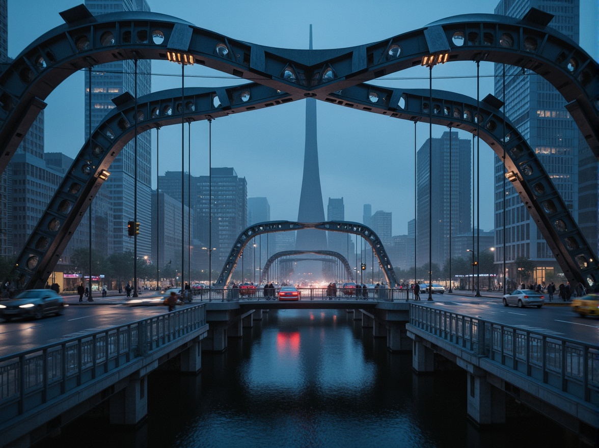 Prompt: Futuristic vehicular bridge, sleek metallic beams, dynamic arches, suspension cables, cantilevered sections, experimental architecture, modular components, high-strength materials, advanced engineering systems, LED lighting strips, neon-lit nighttime scene, misty atmosphere, shallow depth of field, 1/1 composition, symmetrical framing, realistic reflections, ambient occlusion, modern urban landscape, city skyline, busy traffic flow.