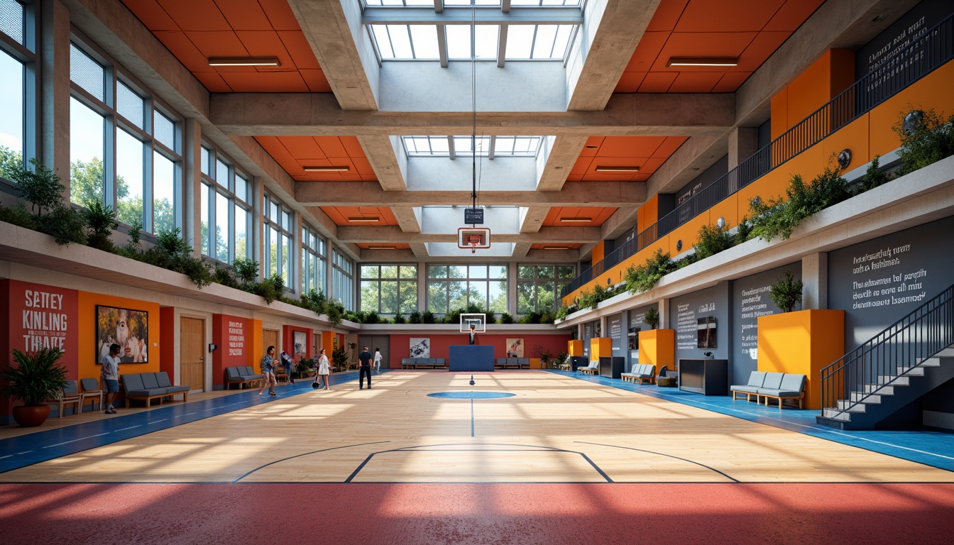 Prompt: Modern gymnasium interior, athletic track flooring, rubberized surfaces, basketball courts, sports equipment, vibrant color schemes, dynamic lighting, ceiling-mounted spotlights, suspended acoustic panels, sound-absorbing materials, comfortable seating areas, motivational quotes, inspirational posters, natural ventilation systems, clerestory windows, abundance of daylight, softbox diffused lighting, 1/2 composition, realistic textures, subtle ambient occlusion.