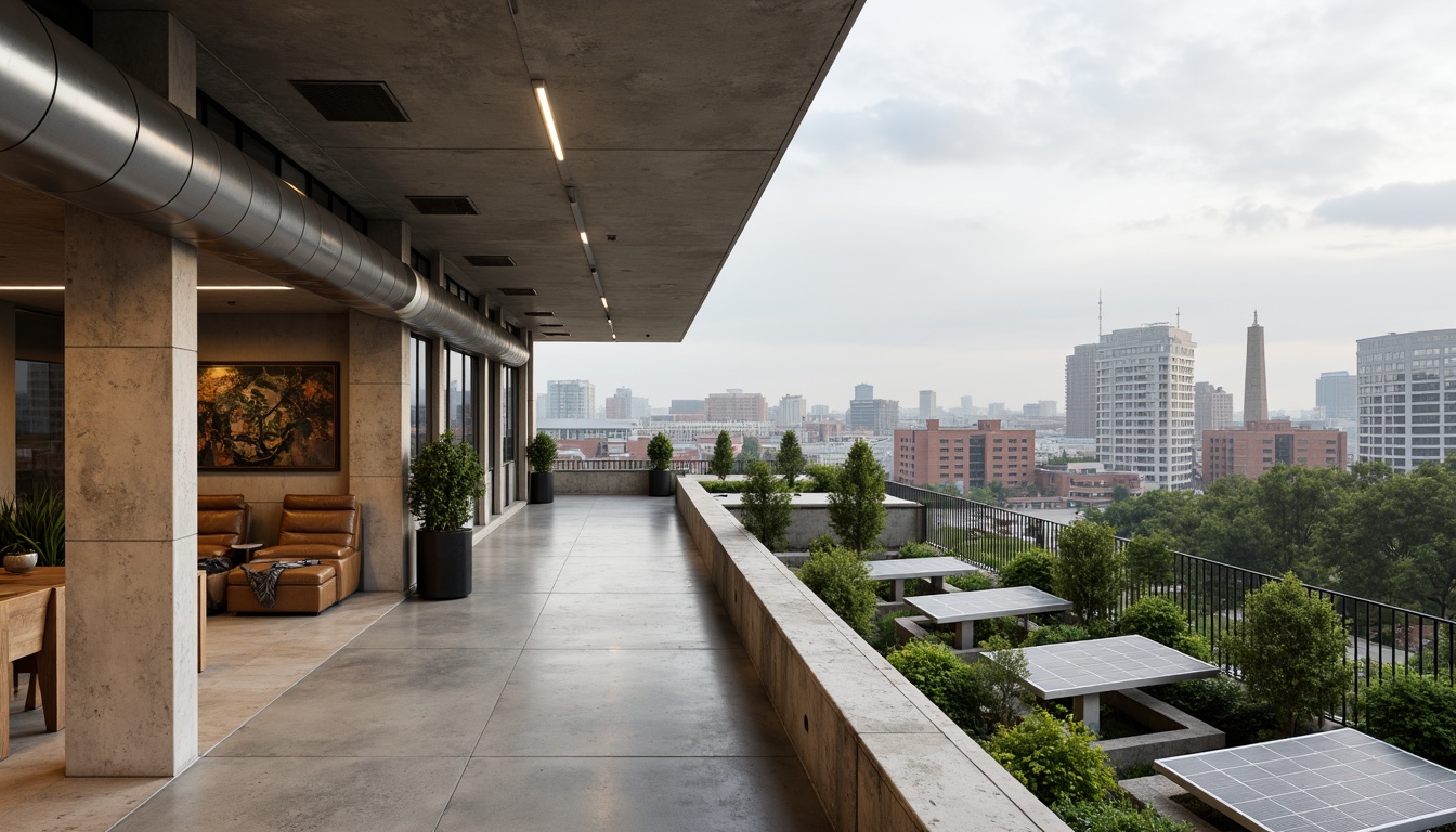 Prompt: Thermal mass architecture, modern building design, concrete walls, exposed ductwork, polished floors, natural ventilation systems, green roofs, solar panels, urban cityscape, cloudy sky, soft diffused lighting, shallow depth of field, 1/2 composition, realistic textures, ambient occlusion, warm earthy tones, industrial chic aesthetic.