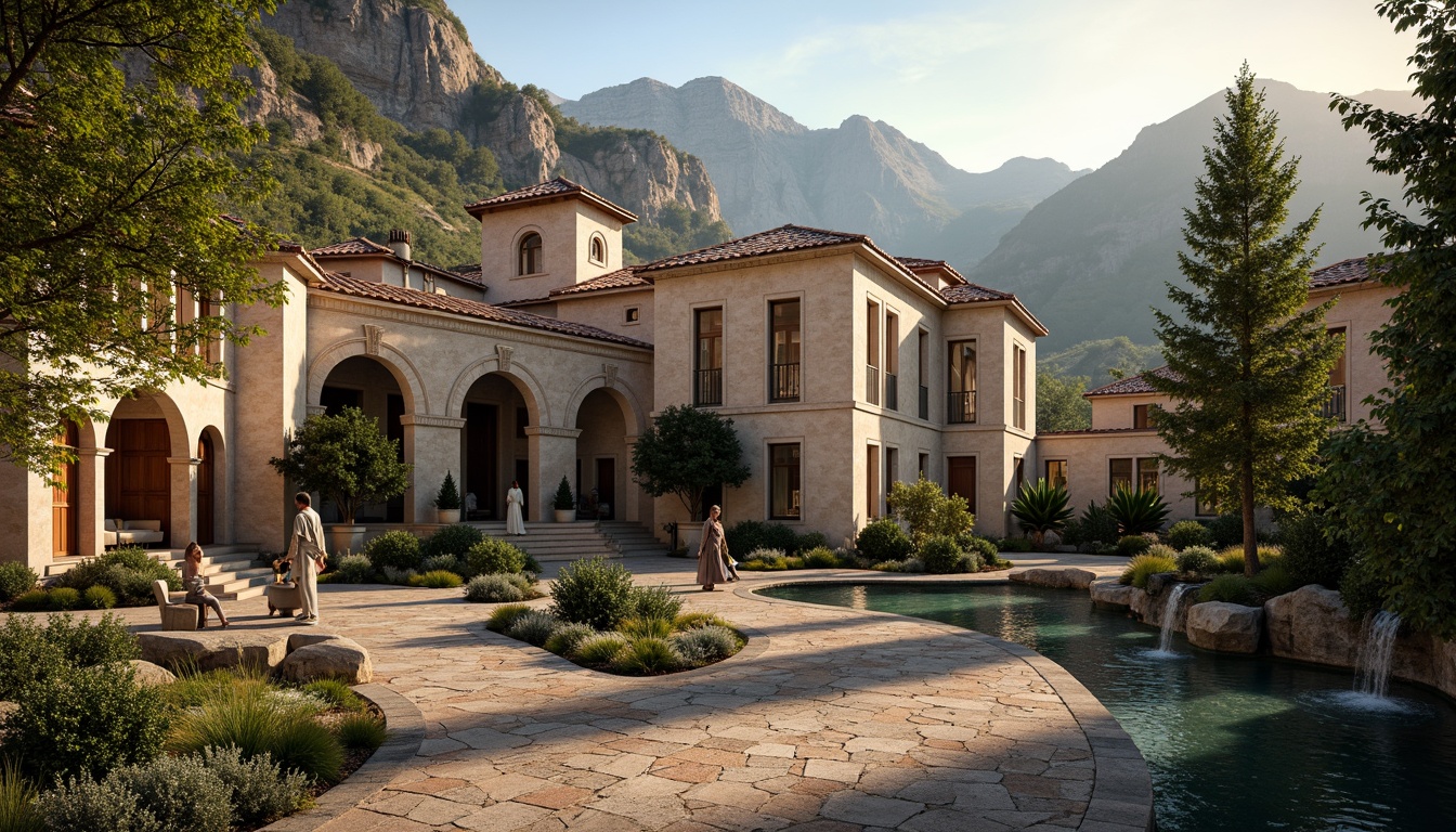 Prompt: Majestic mountainous backdrop, Byzantine-inspired architecture, grand entrance arches, ornate stone carvings, rustic wooden doors, terracotta roof tiles, lush greenery, native pine trees, winding cobblestone paths, serene water features, tranquil ponds, fountain statues, natural rock formations, earthy color palette, warm golden lighting, dramatic shadows, 3/4 composition, realistic textures, ambient occlusion.