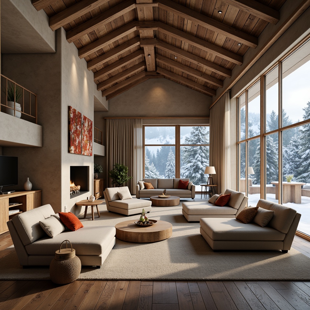 Prompt: Rustic mountain lodge, earthy color scheme, warm beige walls, wooden accents, natural stone flooring, cozy fireplaces, plush furnishings, soft pastel hues, calming blues and whites, snowy day, misty atmosphere, atmospheric perspective, cinematic lighting, 1/1 composition, symmetrical framing, realistic textures, ambient occlusion.