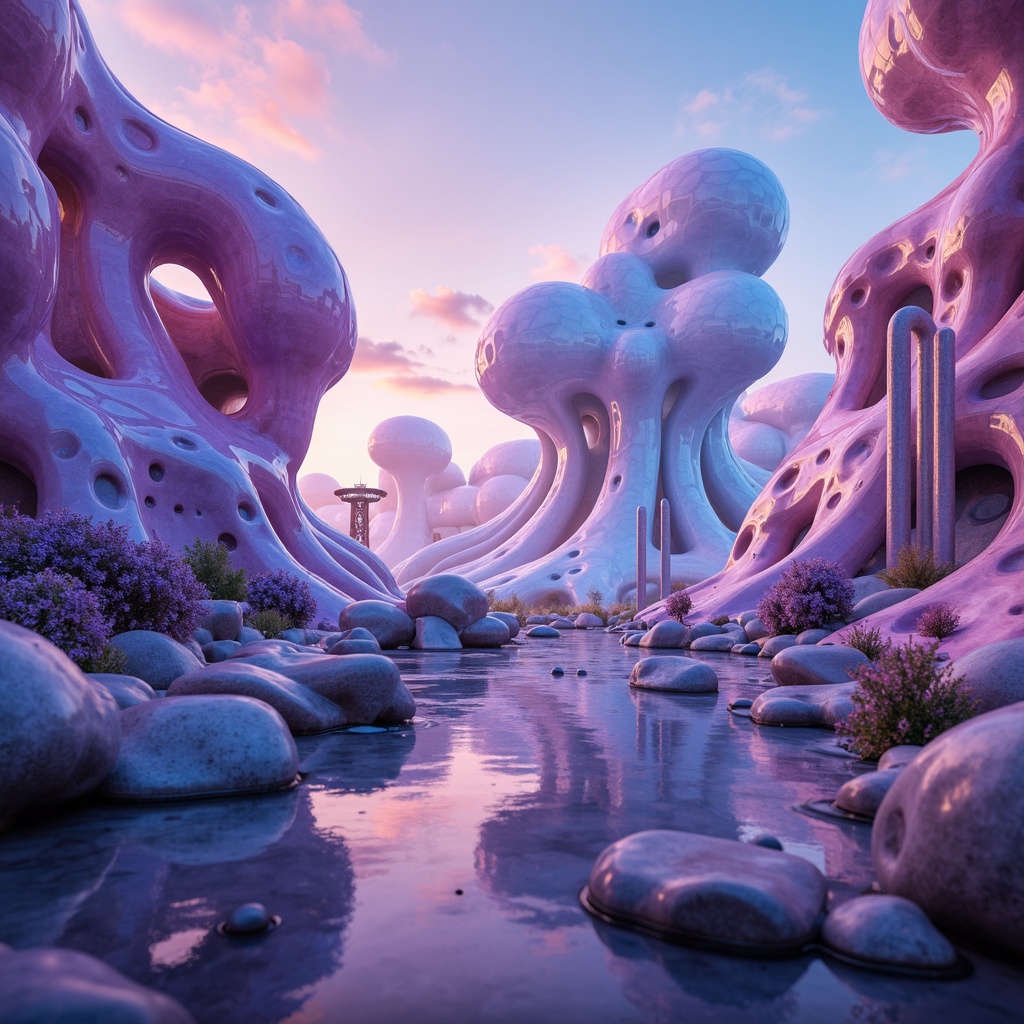 Prompt: \Curvaceous blob-like structures, fluid shapes, amoeba-inspired forms, vibrant iridescent colors, translucent materials, glossy surfaces, futuristic ambiance, extraterrestrial landscape, misty atmosphere, soft diffused lighting, shallow depth of field, 1/1 composition, panoramic view, realistic reflections, ambient occlusion, sci-fi elements, neon-lit accents, holographic details, cyberpunk influences.\Please let me know if this meets your requirements!