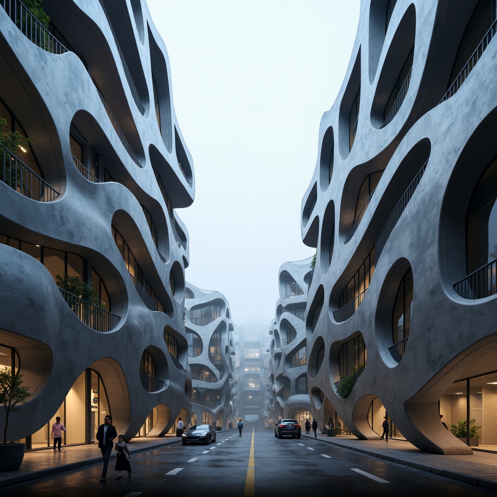 Prompt: Organic, curvaceous buildings, futuristic architecture, irregular shapes, modular components, interconnected units, seamless transitions, fluid dynamics, parametric design, algorithmic patterns, metallic materials, reflective surfaces, LED lighting systems, ambient glow, misty atmosphere, shallow depth of field, 1/1 composition, symmetrical framing, ultra-modern aesthetic.