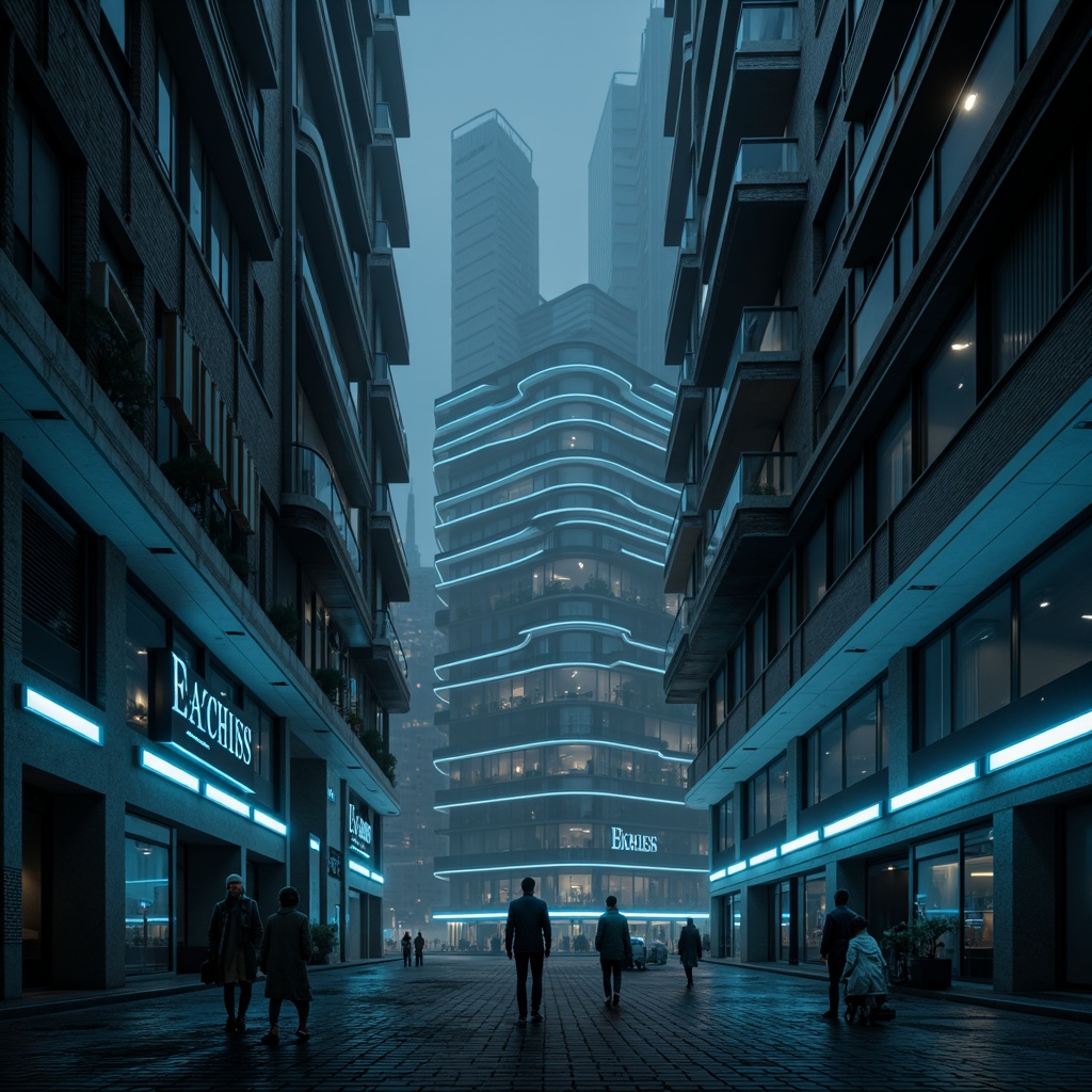 Prompt: Sleek watching towers, modernist architecture, bold monochromatic color scheme, dark grey concrete, metallic silver accents, neon blue lighting, abstract geometric patterns, minimalist design, industrial materials, urban cityscape, nighttime atmosphere, moody ambient lighting, shallow depth of field, 1/1 composition, cinematic view, realistic textures, subtle lens flares.