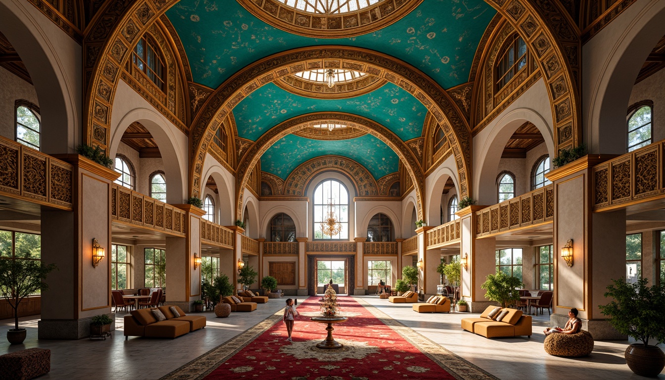 Prompt: Intricate Byzantine architecture, ornate golden details, azure domes, vibrant turquoise accents, majestic archways, richly patterned mosaics, lavish textiles, opulent furnishings, grandiose chandeliers, warm soft lighting, dramatic shadows, high contrast ratios, 1/2 composition, atmospheric perspective, realistic reflections, subtle ambient occlusion.