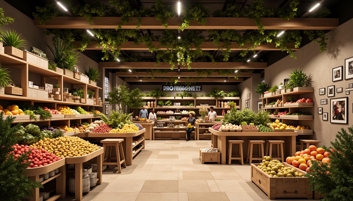 Prompt: Vibrant fresh produce stand, natural wood shelves, earthy tone walls, warm beige flooring, inviting entrance signage, colorful fruit displays, leafy greenery, rustic metal baskets, artisanal food stations, wooden crates, hanging lanterns, soft warm lighting, cozy atmosphere, 1/2 composition, shallow depth of field, realistic textures, ambient occlusion.