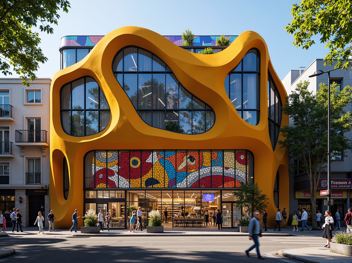 Prompt: Vibrant grocery store facade, bold expressionist architecture, curved lines, distorted forms, primary color scheme, abstract geometric patterns, ornate metalwork, intricate tile mosaics, dynamic LED lighting, asymmetrical composition, eclectic mix of materials, playful textures, urban cityscape, busy street activity, morning sunlight, shallow depth of field, 2/3 composition, wide-angle lens, realistic reflections, ambient occlusion.