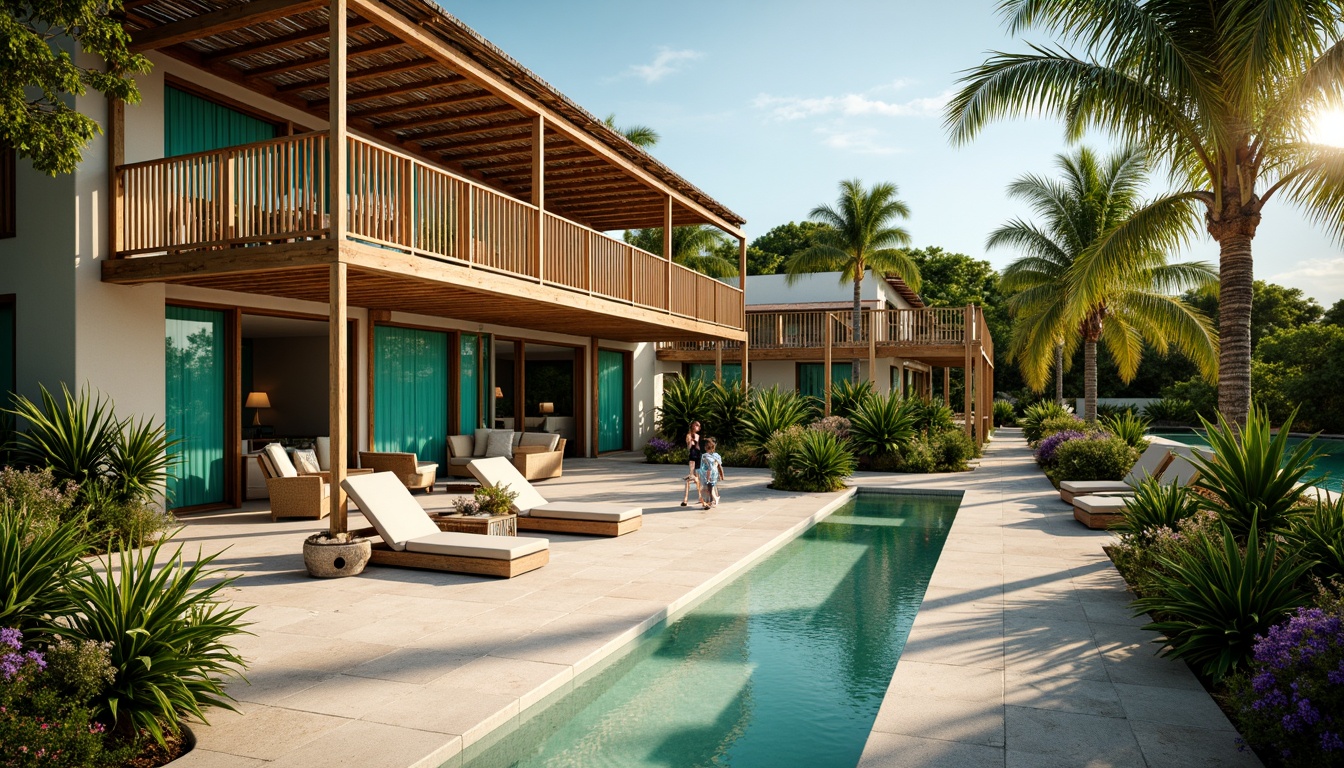 Prompt: Tropical island villa, wooden accents, natural rattan furniture, woven bamboo walls, coral stone foundations, driftwood decorations, palm frond roofs, ocean-inspired color palette, turquoise windows, sandy pathways, lush greenery, exotic flowers, sunny day, soft warm lighting, shallow depth of field, 3/4 composition, panoramic view, realistic textures, ambient occlusion.