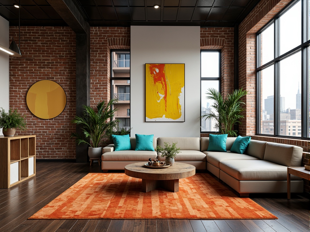 Prompt: Industrial-chic loft, exposed brick walls, metal beams, reclaimed wood floors, modern minimalist furniture, bold color accents, vibrant turquoise throw pillows, deep orange area rugs, bright yellow abstract artwork, eclectic decorative pieces, urban cityscape views, natural light pouring in through large windows, shallow depth of field, 1/1 composition, soft warm lighting, realistic textures, ambient occlusion.