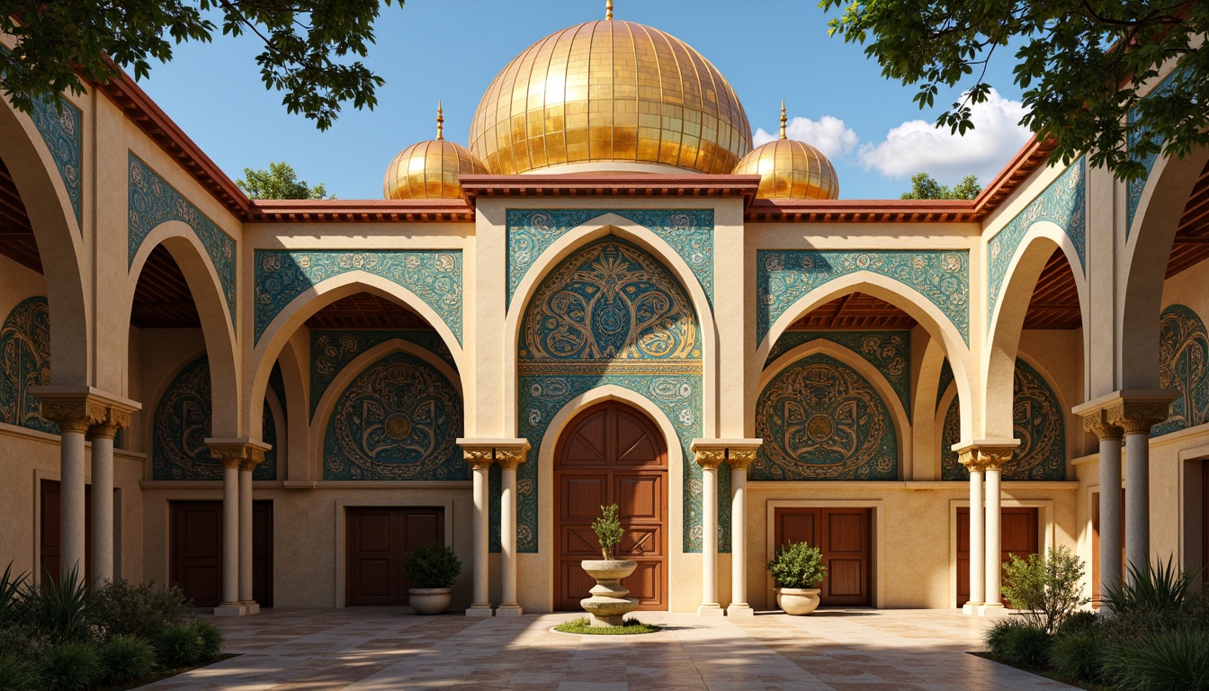 Prompt: Majestic Byzantine architecture, golden domes, intricate mosaics, richly ornamented facades, warm beige stone walls, ornate bronze doors, vibrant turquoise accents, crimson red roofs, lavish marble columns, gilded details, soft warm lighting, dramatic shadows, atmospheric perspective, 1/1 composition, symmetrical framing, realistic textures, ambient occlusion.