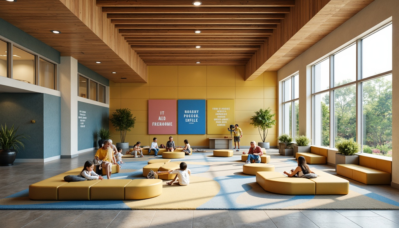 Prompt: Vibrant learning hub, warm beige walls, rich wood accents, calming blue tones, energetic yellow highlights, soft greenery, playful color blocks, inspirational quotes, modern minimalist furniture, sleek metal fixtures, natural stone flooring, abundant daylight, softbox lighting, 3/4 composition, shallow depth of field, realistic textures, ambient occlusion.