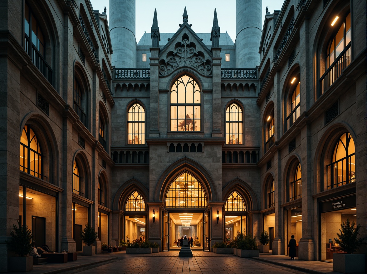 Prompt: Gothic-inspired power plant facade, ornate stone carvings, pointed arches, ribbed vaults, flying buttresses, grandiose entranceways, intricate tracery, stained glass windows, dramatic verticality, industrial machinery, steel beams, copper accents, mystical ambiance, misty atmosphere, warm golden lighting, high contrast shadows, atmospheric perspective, cinematic composition, detailed textures, realistic materials.