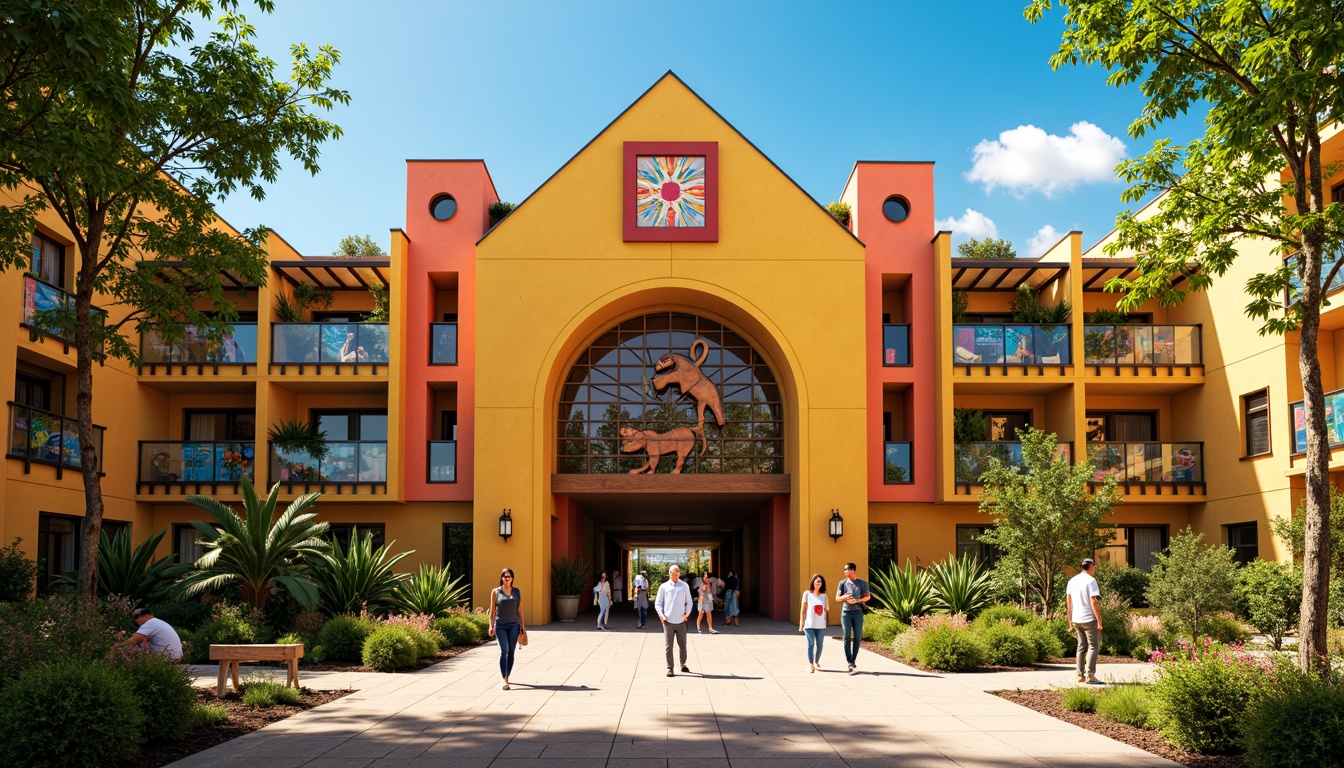 Prompt: Vibrant zoo entrance, bold constructivist architecture, bright primary colors, geometric shapes, abstract animal sculptures, playful monkey bars, colorful tile murals, rustic wooden accents, lively tropical plants, sunny afternoon, warm golden lighting, high contrast shadows, 1/2 composition, symmetrical framing, stylized textures, subtle ambient occlusion.