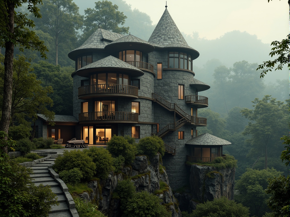 Prompt: Majestic watching tower, rugged stone walls, winding wooden staircases, lantern-inspired lighting, moss-covered roofs, earthy tones, natural blending, serene forest surroundings, misty morning atmosphere, warm sunlight filtering, soft shadows, 1/2 composition, atmospheric perspective, cinematic view, textured brushstrokes, expressive color palette.