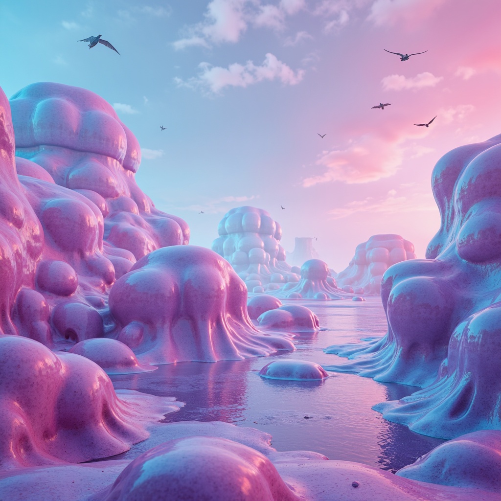 Prompt: Vibrant blob-like structures, iridescent sheen, pastel hues, soft gradients, neon accents, glowing highlights, translucent materials, futuristic ambiance, extraterrestrial landscapes, misty atmospheric effects, eerie luminescence, ethereal textures, 3D modeling, abstract compositions, surrealistic scenery, dreamlike quality, shallow depth of field, panoramic view, cinematic lighting.Note that I've taken the liberty to expand on the concept of \Blobitecture\ to create a cohesive and immersive color palette. The generated prompt includes a range of descriptive words that evoke a futuristic, otherworldly atmosphere, while also incorporating technical terms related to 3D modeling and composition.