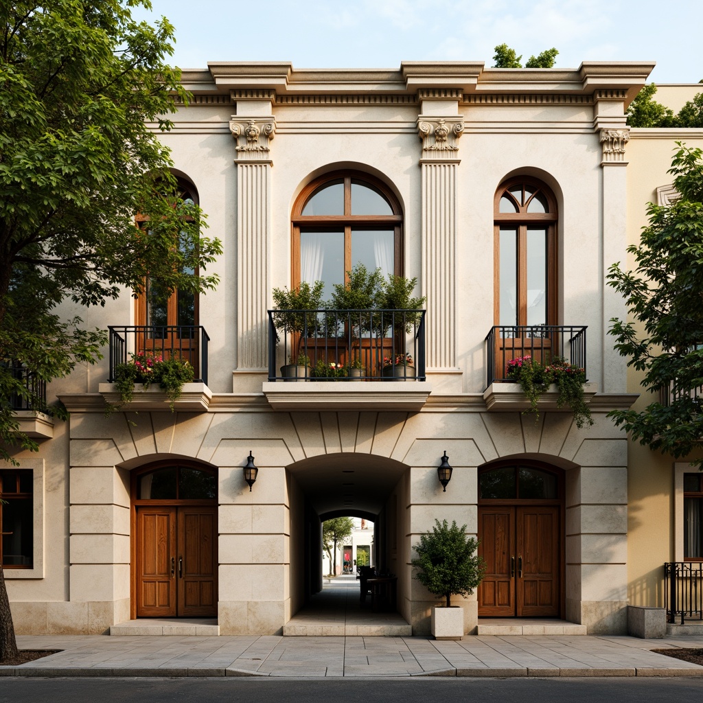 Prompt: Elegant social housing, classicist facade, ornate cornices, symmetrical composition, neutral color palette, beige stone walls, decorative pilasters, arched windows, balconies with iron railings, lush greenery, potted plants, vibrant flower boxes, inviting entranceways, wooden doors, bronze door handles, soft warm lighting, shallow depth of field, 3/4 composition, realistic textures, ambient occlusion.