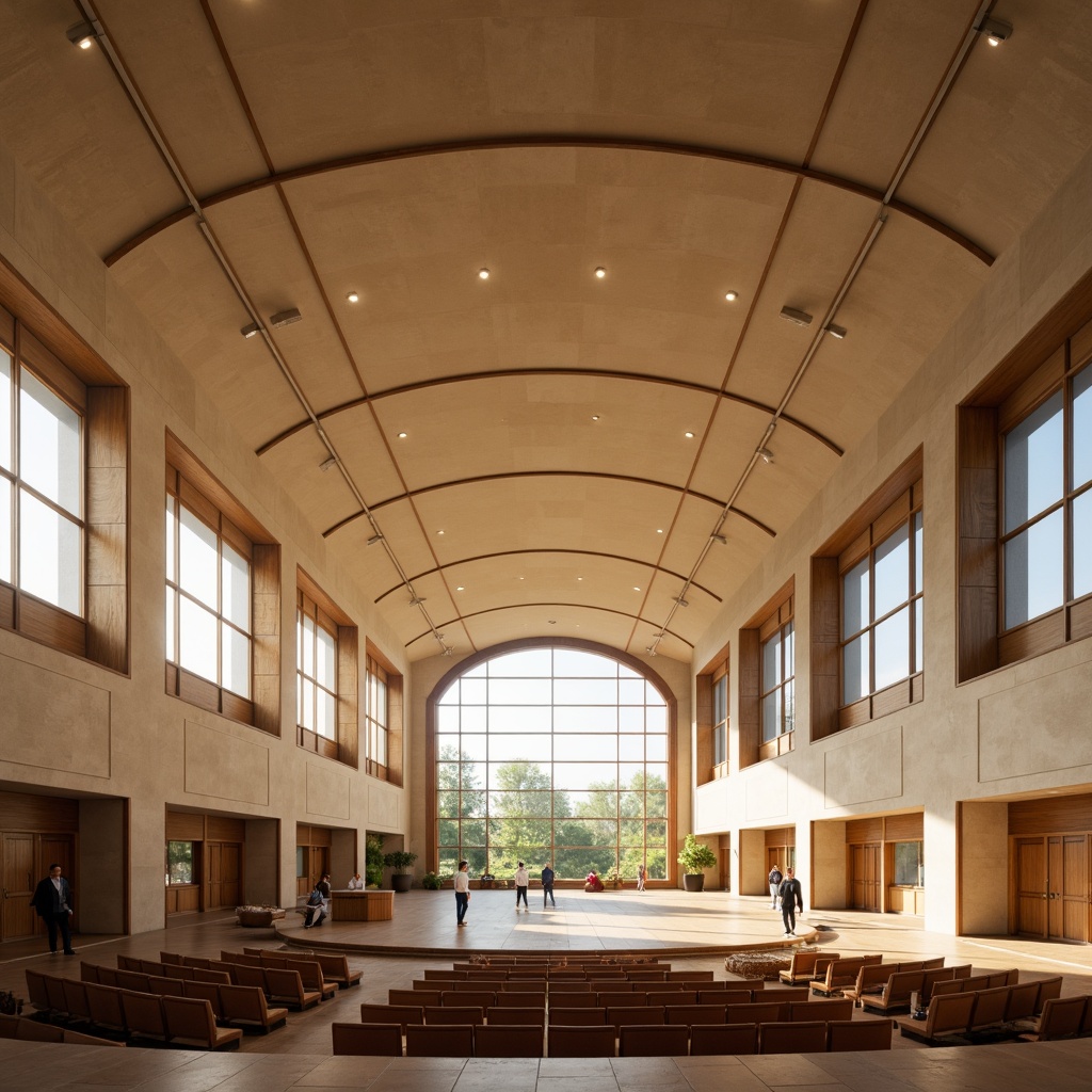 Prompt: Grand auditorium, vaulted ceiling, expansive windows, minimal obstructions, optimized seating arrangement, reflective surfaces, diffused natural light, warm beige tones, rich wood accents, modern minimalist architecture, sleek lines, subtle curves, suspended lighting fixtures, ambient illumination, soft shadows, 3/4 composition, panoramic view, realistic textures, ambient occlusion.