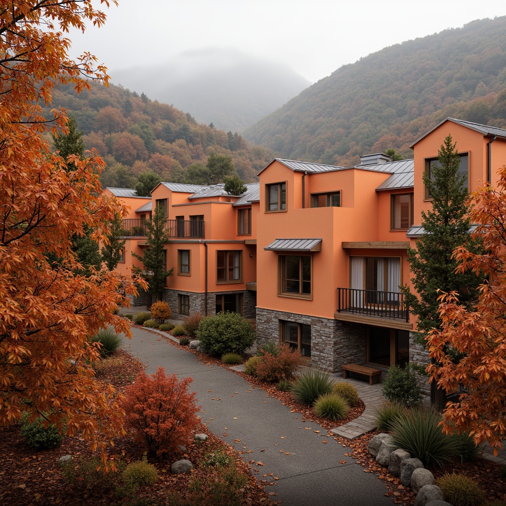 Prompt: Vibrant persimmon-colored buildings, warm orange hues, earthy tones, natural stone facades, wooden accents, rustic textures, cozy atmosphere, autumnal landscape, rolling hills, serene countryside, misty morning, soft diffused lighting, shallow depth of field, 1/1 composition, realistic renderings, ambient occlusion.Please let me know if this meets your requirements!